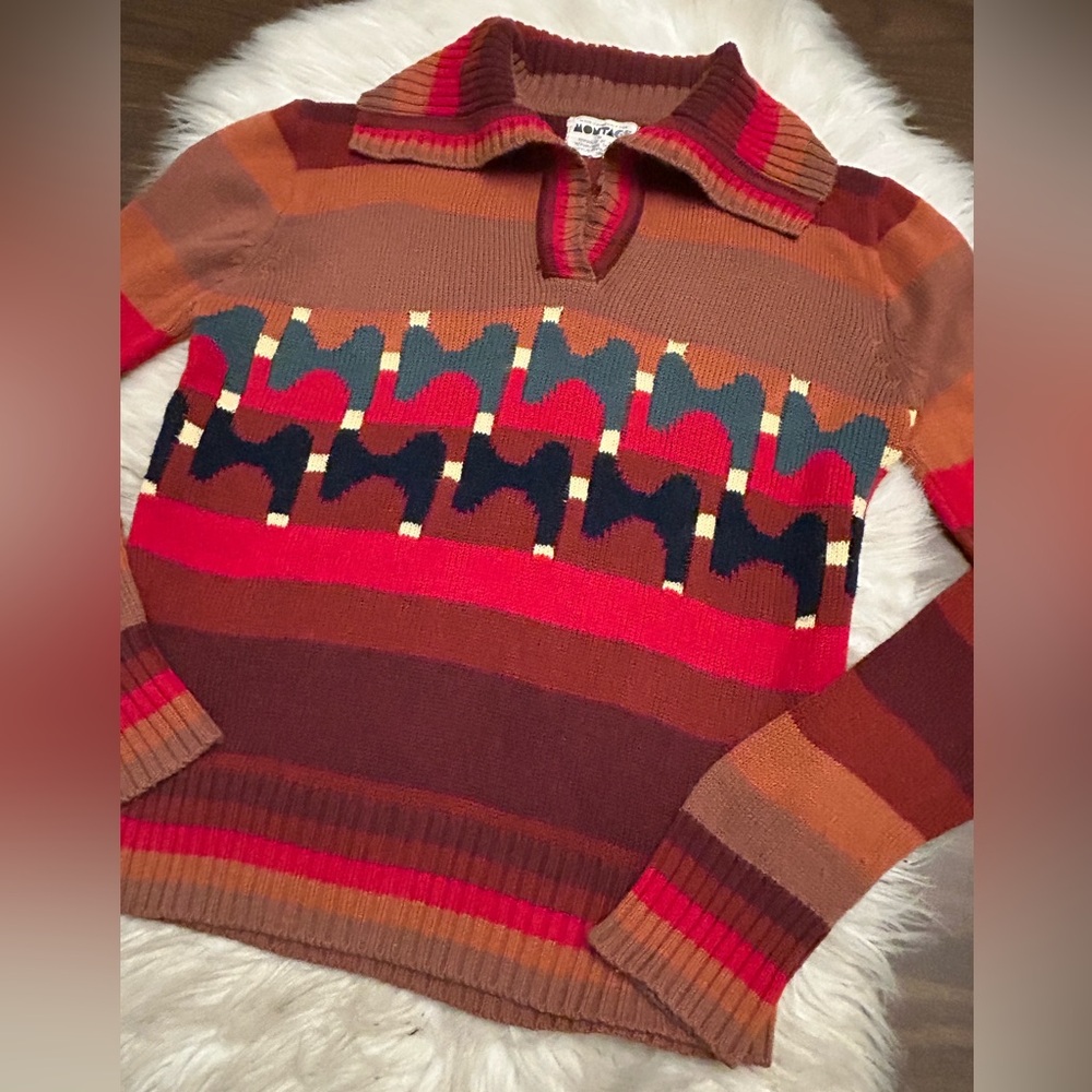 MONTAGE Vintage 70s 80s Retro Fitted Shawl Neck Sweater